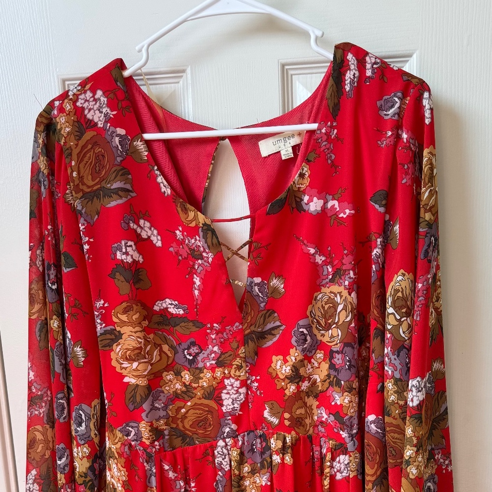 Red/Floral Mini Dress with Bell Sleeves